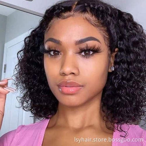 Natural Human Hair Brazilian Water Wave Lace Front Bob Wigs, Pre Plucked Shoulder Length Curly  Classic Bob Wigs